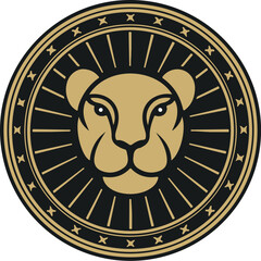 Zodiac sign Leo vector graphics in circle, gold on brown