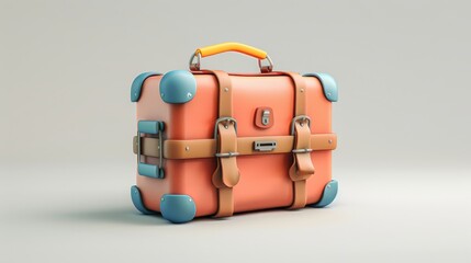 Obraz premium A bright orange suitcase with a yellow handle sits on a white background. The suitcase is made of leather and has a gold buckle