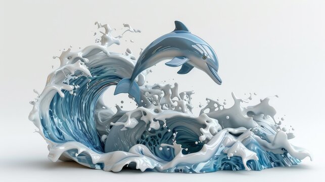 A dolphin is leaping out of the water in a wave. The image is a beautiful representation of the ocean and the grace of the dolphin