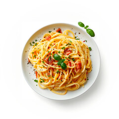 Italian spaghetti pasta with fresh basil leaves and grated parmesan cheese. AI generated. AI generation
