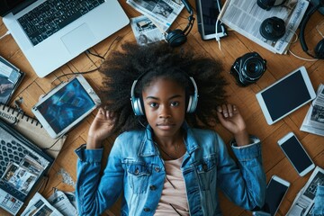 The top view of picture that about young african american human laying down and listening to the music and focused in the full of the thought and music with room that surrounded with devices. AIGX03. - Powered by Adobe