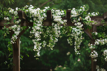 Cascading bouquets of fragrant jasmine blossoms adorning a rustic wooden arch, their delicate white...