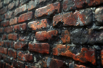Close-up texture of a blackened and scorched brick wall with orange and brown tones, brick patterns