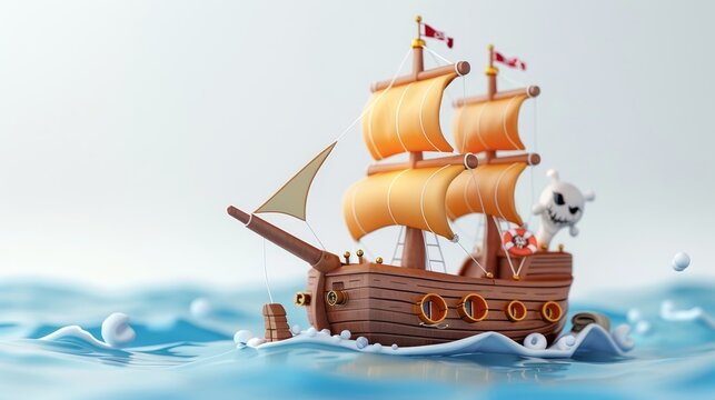 A cartoonish ship with a skull on the side is sailing in the ocean. The ship is small and he is in distress