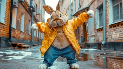 Foto op Canvas dressed rabbit dancing in the street © Den b+f