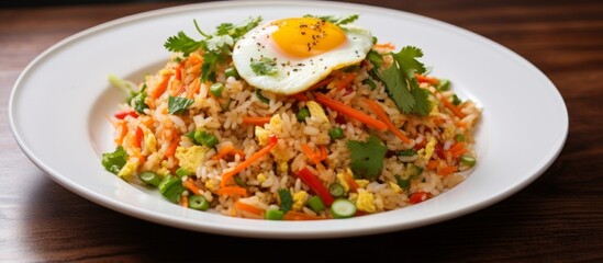 A dish of fried rice with a sunnysideup fried egg on top, a staple food in many Asian cuisines. It is served on a plate with fines herbes garnish