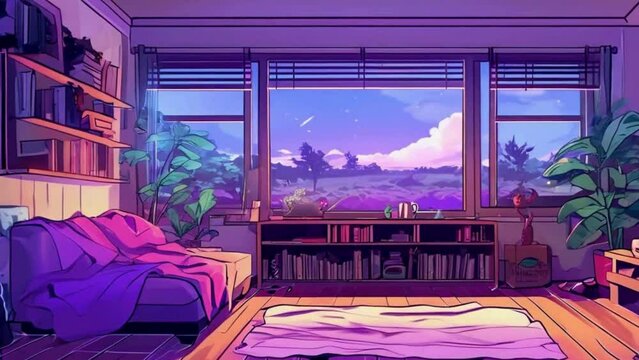 stream starting soon screen, overlay loop, animated virtual backgrounds, cozy lo-fi living room at rainstorm, vtuber asset twitch zoom OBS, anime chill hip hop. 4k animation video.