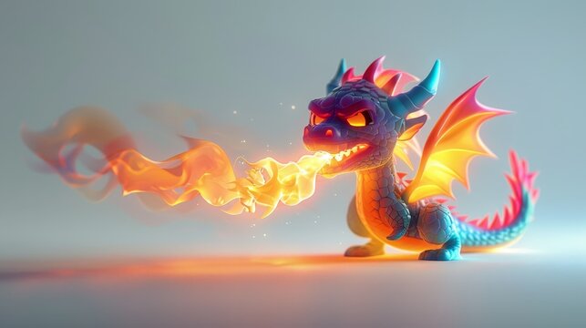 A blue dragon with orange wings and a red mouth is spewing fire. The dragon is angry and ready to attack