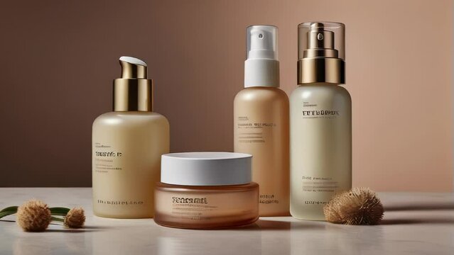 An aesthetically pleasing arrangement of high-end skincare products conveying beauty and self-care