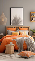 Modern bedroom interior design with orange bedding gray walls and natural light from the window