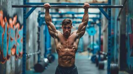 A man with a muscular body is lifting a barbell in a gym. The gym is decorated with graffiti on the walls - obrazy, fototapety, plakaty