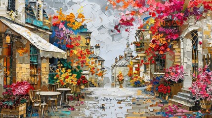 A painting of a street with a lot of flowers and awnings. The painting is very colorful and lively