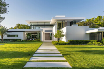 Fototapeta na wymiar Sleek White Modern Luxury Home Exterior with Perfectly Manicured Lawn and Leading Pathway to a Grand Front Entrance