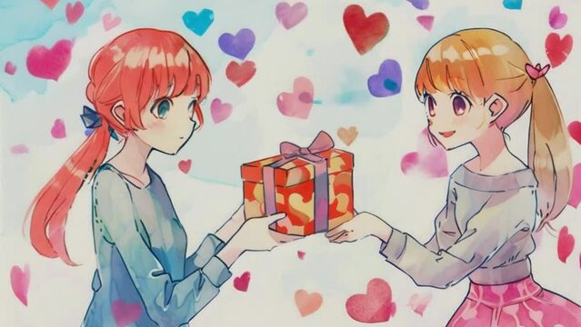 Two anime characters are seen exchanging gifts. The background is filled with colorful hearts. Ideal for themes related to love, friendship, and Valentines Day. Watercolor. Stop motion style. Zoom in