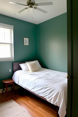 A clear image depicting the clean interior of a bedroom in green tones