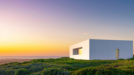 Fototapeta na wymiar White, minimalist abode with a landscape of green under the vibrant colors of sunset, highlighting the beauty of modern simplicity.