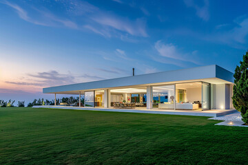 White, sleek villa overlooking a pristine lawn, under the expansive twilight sky, demonstrating modern elegance and open-air living.