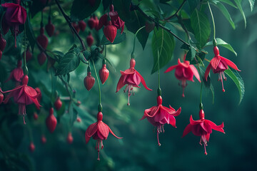 Elegant fuchsia blossoms hanging from slender branches like delicate jewels against a backdrop of deep green foliage.
