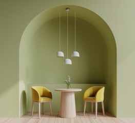 Minimalist interior featuring an arch painted in mustard color, hung on one wall with a rounded shape, and complemented by three small white pendant lamps hanging from above.