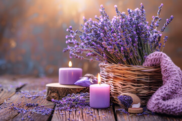 Obraz na płótnie Canvas A basket of lavender flowers sits on a wooden table with two candles in it