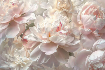 Elegant peony blossoms in shades of blush pink and creamy white, their lush petals unfurling in a graceful display of natural beauty.