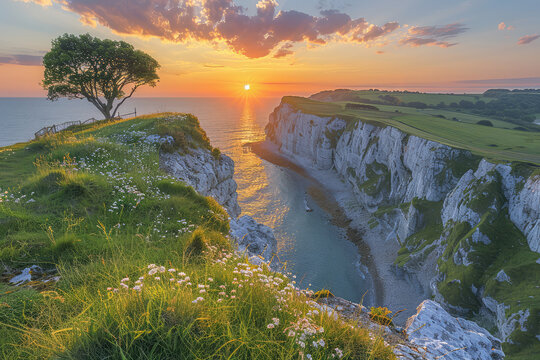 A stunning sunset over the white cliffs of dover, with lush greenery and wildflowers on one side overlooking calm blue waters. Created with Ai