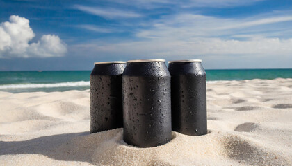 Naklejka premium 3 black aluminum can with condensation drops on clear white sand at beach. Refreshing beverage. Sea view