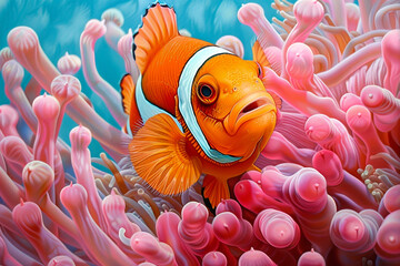 Watercolor art of a bright orange clownfish, its stripes blending seamlessly into the pink hues of an anemone, set against a deep blue sea canvas - obrazy, fototapety, plakaty