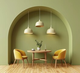 Minimalist interior featuring an arch painted in mustard color, hung on one wall with a rounded shape, and complemented by three small white pendant lamps hanging from above.