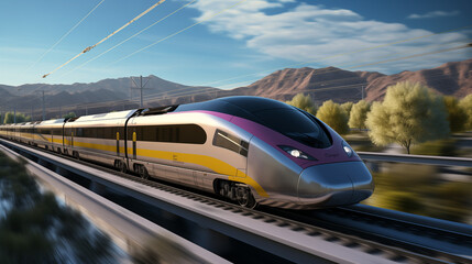 Bullet Train With Pink and Yellow Design Livery Going At Full Speed In Spain