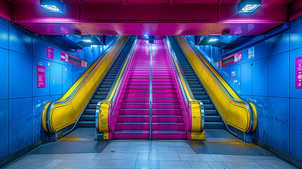 Vibrant escalator with pink steps and yellow handrails inside a futuristic blue metro station.