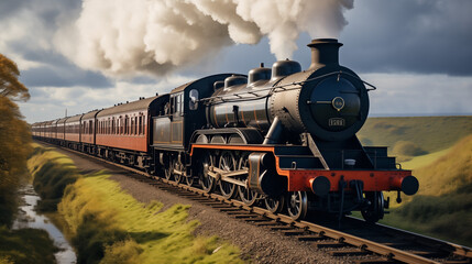 Fototapeta na wymiar Steam Train Going Up In The Mountains