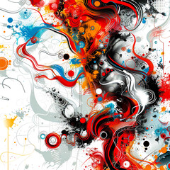 Abstract art with a chaotic blend of colorful swirls, splatters, and shapes on a white background.