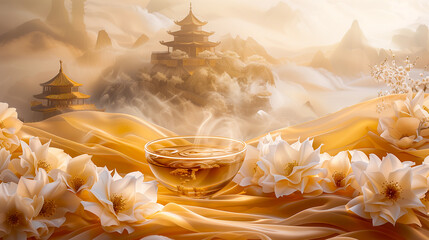 A serene tea setting with a golden cup amidst white flowers on a flowing silk landscape