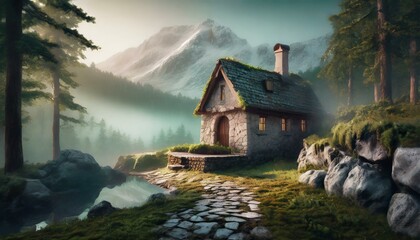 picturesque small cottage made of stone surrounded by a rock wall and a small well sits off to one side in a forest clearing. A stone cobbled road runs past off to the distant snowy mountains. 3d. Hig - obrazy, fototapety, plakaty