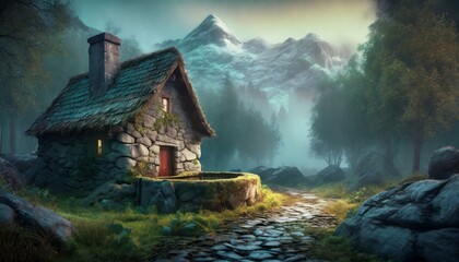 picturesque small cottage made of stone surrounded by a rock wall and a small well sits off to one side in a forest clearing. A stone cobbled road runs past off to the distant snowy mountains.  - obrazy, fototapety, plakaty