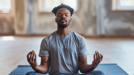 Man with eyes closed in a meditative pose, practicing mindfulness and yoga on a mat in a serene room, embodying relaxation and inner peace