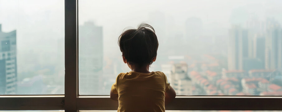 Child looking out a window at a smog-covered cityscape, dreaming of clearer skies