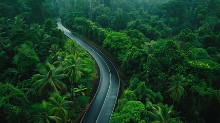 A mesmerizing aerial perspective capturing the elegance of a curved road surrounded by a vibrant rainforest during the rainy season.