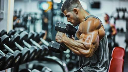 Muscular man focused on lifting a dumbbell in a gym setting, showcasing strength training and dedication to fitness with a background of weights and gym equipment