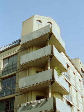 Corner of a building with sharp balconies
