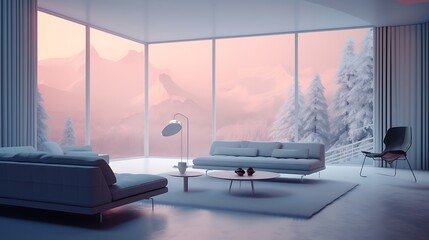an AI-generated image capturing the essence of a minimalistic living room in a mountainous environment 