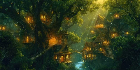 Foto op Canvas A fantasy scene of a hidden elven city in an ancient forest, with magical treehouses and glowing lights. Resplendent. © Summit Art Creations