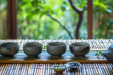 Traditional Japanese tea setting with ceramic bowls on a bamboo mat, overlooking a tranquil garden...