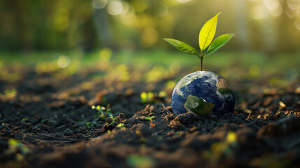 Close up of a small planet earth with a green sprout growing on it, standing in the soil against a blurred background of a forest on a sunny day. Concept for environmental protection and Earth Day.