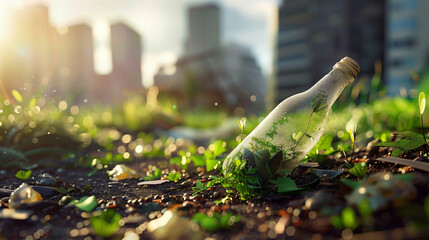 An empty glass bottle with green plants growing inside, lying on the ground in front of city buildings. - obrazy, fototapety, plakaty