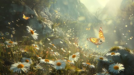 A picturesque landscape adorned with sunlit daisies and fluttering butterflies, evoking a sense of...