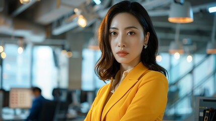 A poised Asian woman, adorned in a stylish yellow suit, radiating leadership and ambition as she oversees operations in her office.