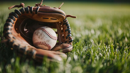 baseball glove and ball on grass, close up and blurred background - obrazy, fototapety, plakaty