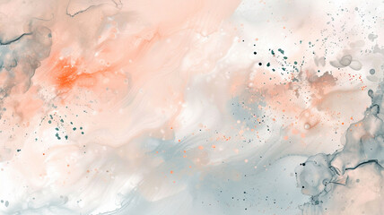 An abstract fluid ink background with peach and dove gray splashes, conveying the soft and gentle beauty of a dawn sky. The subtle blend of colors creates a tranquil and hopeful atmosphere.